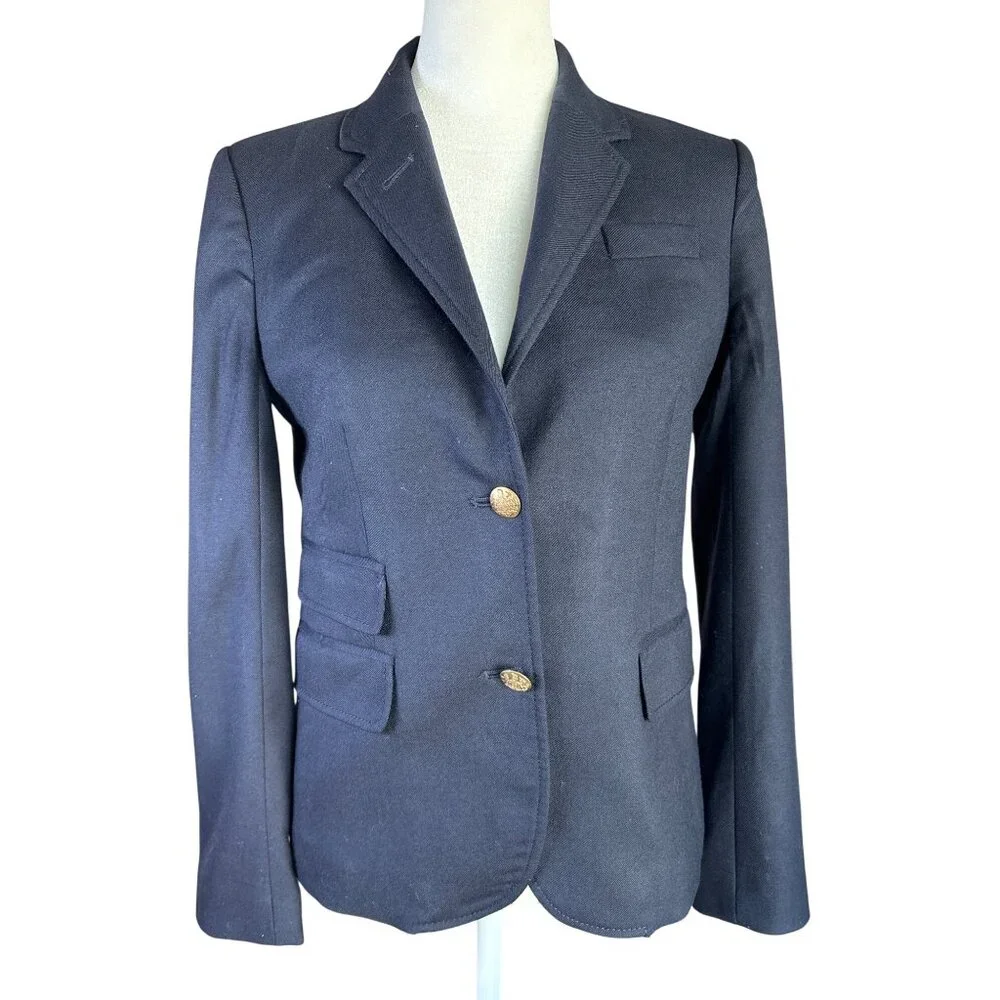 J. Crew Original Schoolboy Blazer Size 2 Fitted Gold Embossed Buttons Stripe Lin